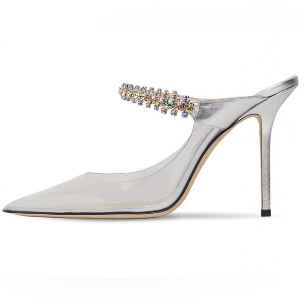 Jimmy Choo Bing 100 Crystal Clear PVC Silver Mule Heels EU 38 Multicolor Strap